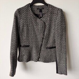 Sandro Paris Tweed Moto Style Collarless Blazer with Zipper Black/White